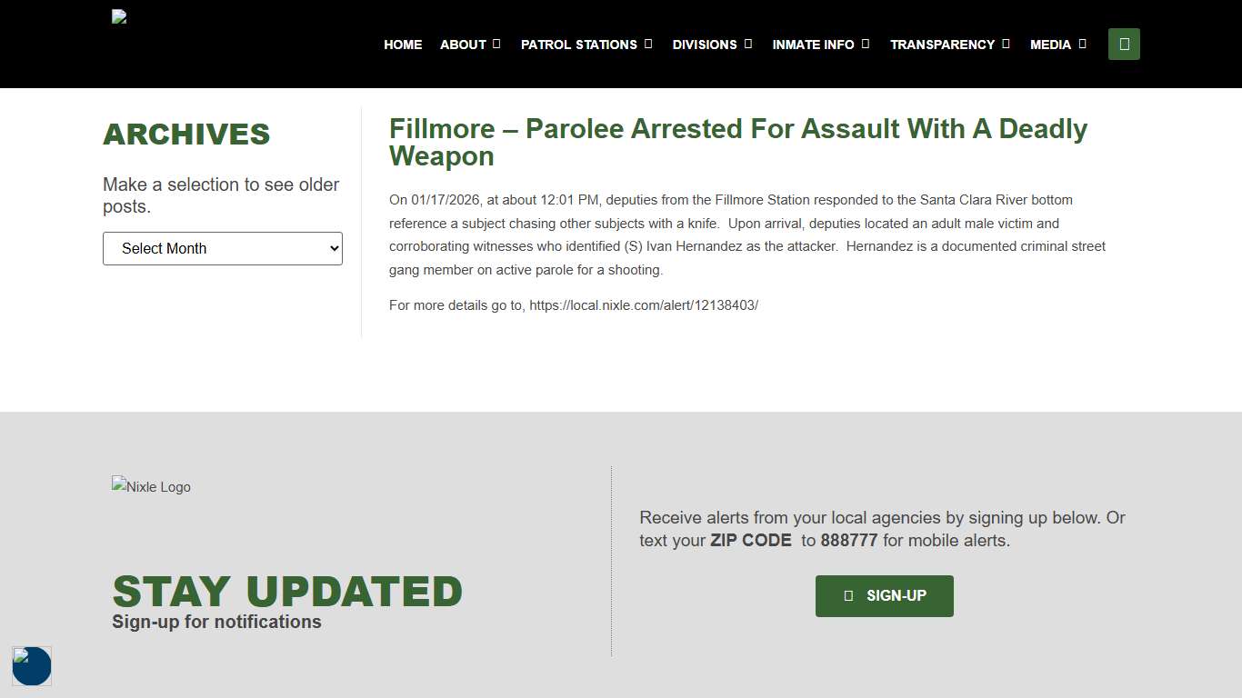 Fillmore – Parolee Arrested for Assault with a Deadly Weapon – Ventura Sheriff Official Website